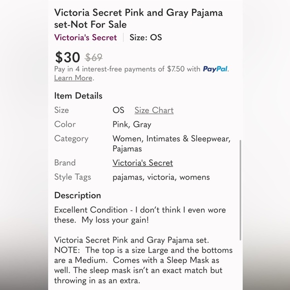 Victoria’s Secret Striped Pink and Gray Pajama Set with Eye Mask - Picture 8 of 10